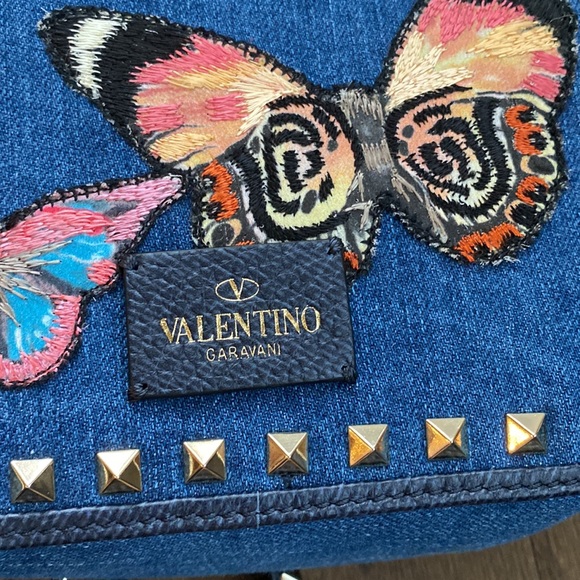Valentino Rockstud Spike Denim Fringe Camera Bag - Blue  VALENTINO Rockstud Denim Camera Bag